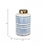 Ceramic 9" Jar With Gold Lid, Blue