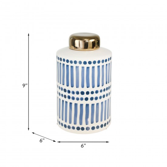 Ceramic 9" Jar With Gold Lid, Blue