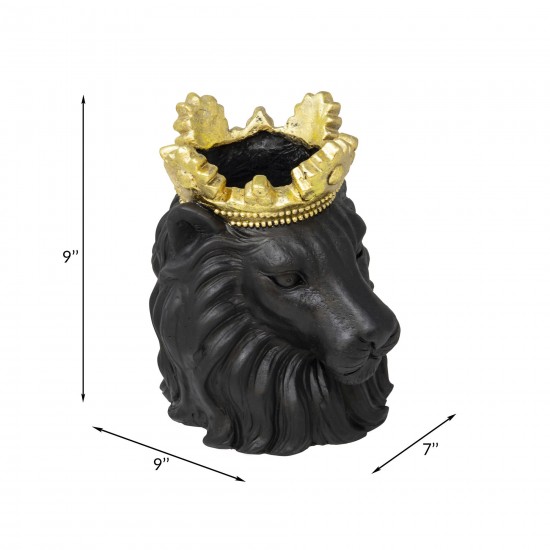 Resin 9" Lion W/ Crown, Black