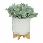 Ceramic S/2 8/10" Planter On Wooden Stand, White