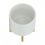 Ceramic S/2 8/10" Planter On Wooden Stand, White