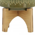 Ceramic 5" Aztec Planter On Wooden Stand, Olive