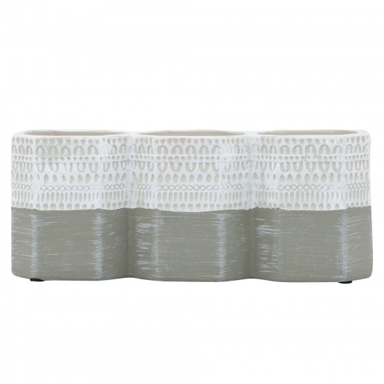 Cer, 4"h 3-cup Aztec Pen Holder, White/gray