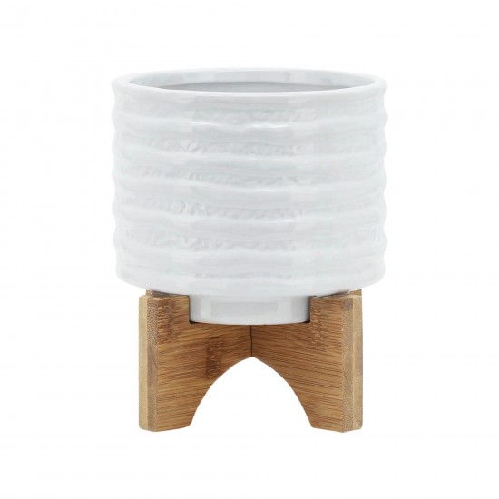 Ceramic 5" Planter On Stand, White Stripe