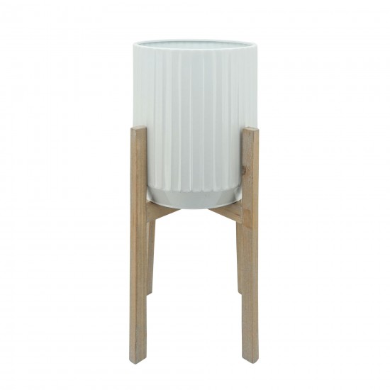 S/2 Ridged Planters In Wood Stand, White