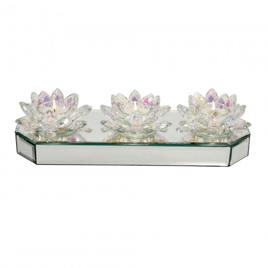 Glass 13" 3 Lotus Mirrored Candle Holder, Rainbow