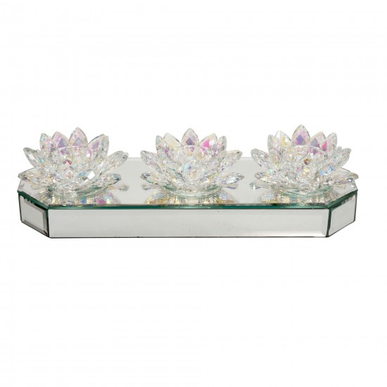 Glass 13" 3 Lotus Mirrored Candle Holder, Rainbow