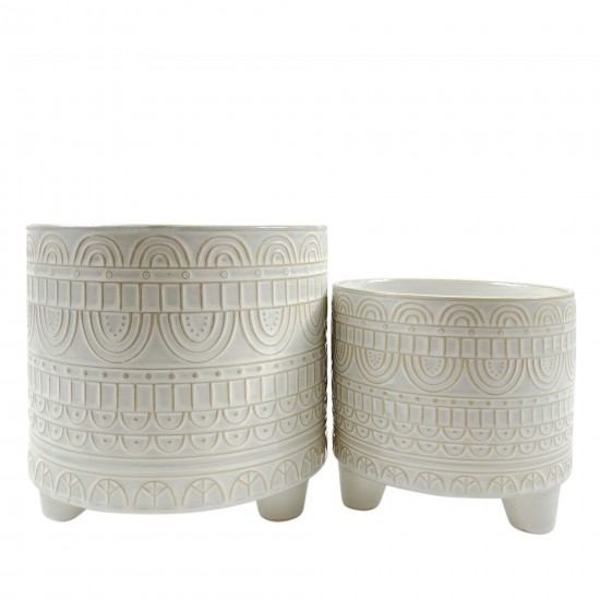 Cer, S/2 6/8" Tribal Footed Planters, White