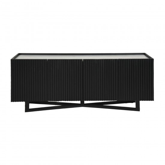 Wood/marble, 69"l 4-door Fluted Sideboard, Black