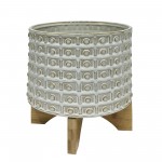 Ceramic 8" Dotted Planter W/wood Stand, Ivory