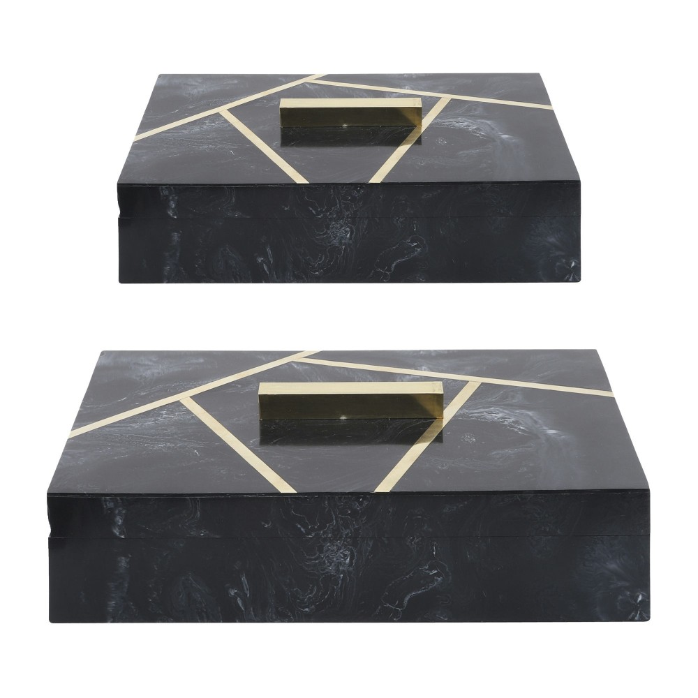 Resin, S/2 10/12" Boxes W/ Knob, Black/gold