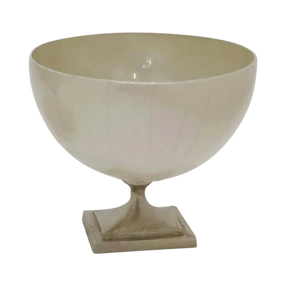 Glass, 9" Bowl W/ Metal Stand, Pearl White