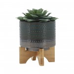 5" Dotted Planter W/ Wood Stand, Green