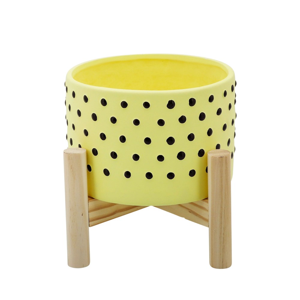 6" Dotted Planter W/ Wood Stand, Yellow