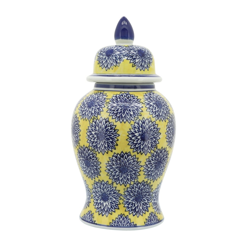 14" Temple Jar W/dalhia Flower,yellow/blue