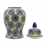 14" Temple Jar W/dalhia Flower,yellow/blue