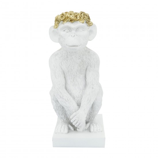 Res, 14" Monkey Figurine Flower Crown, Wht/gold