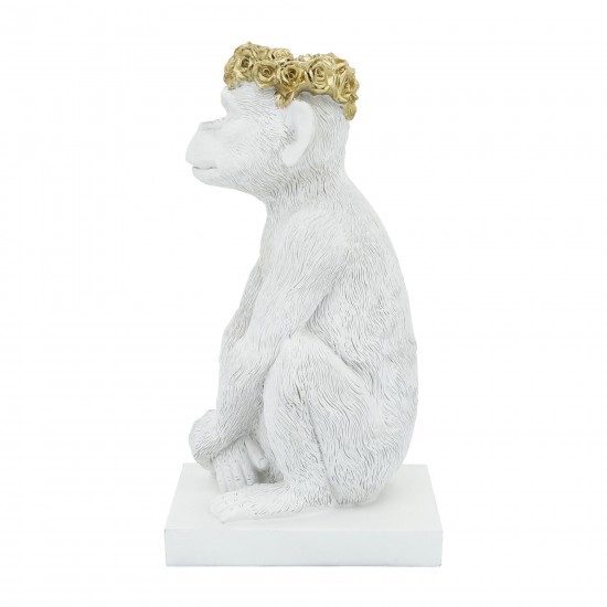 Res, 14" Monkey Figurine Flower Crown, Wht/gold