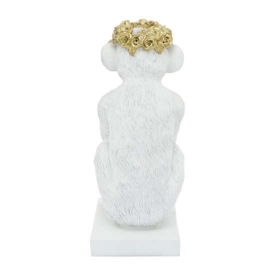 Res, 14" Monkey Figurine Flower Crown, Wht/gold