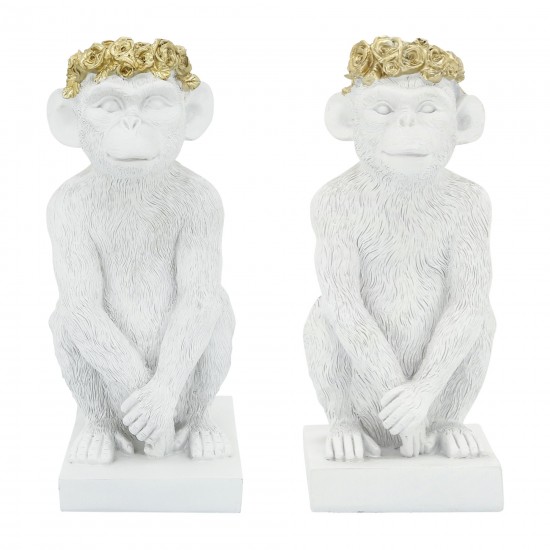 Res, 14" Monkey Figurine Flower Crown, Wht/gold