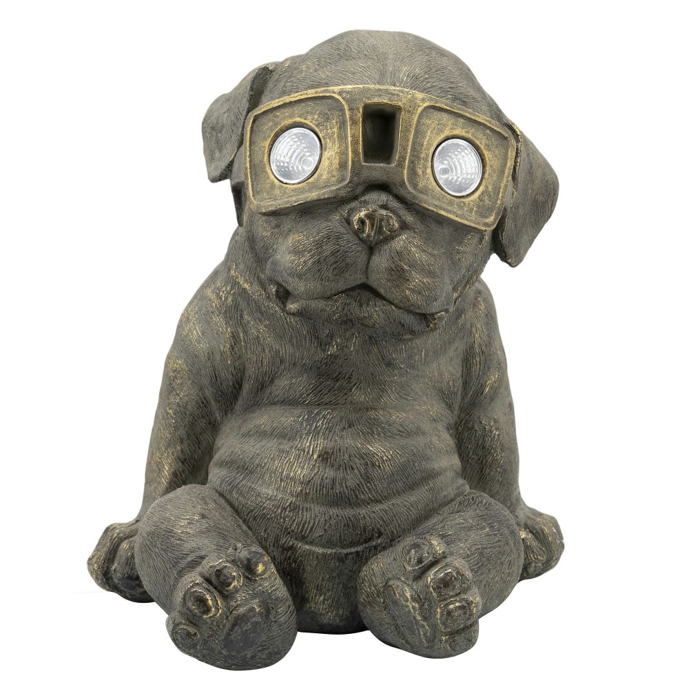 Resin, 15"h Slouching Dog W/ Solar, Antique Gold