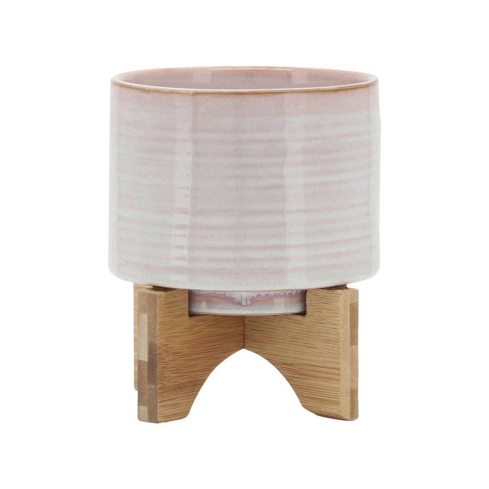 Ceramic 5" Planter On Stand, Cream Stripe