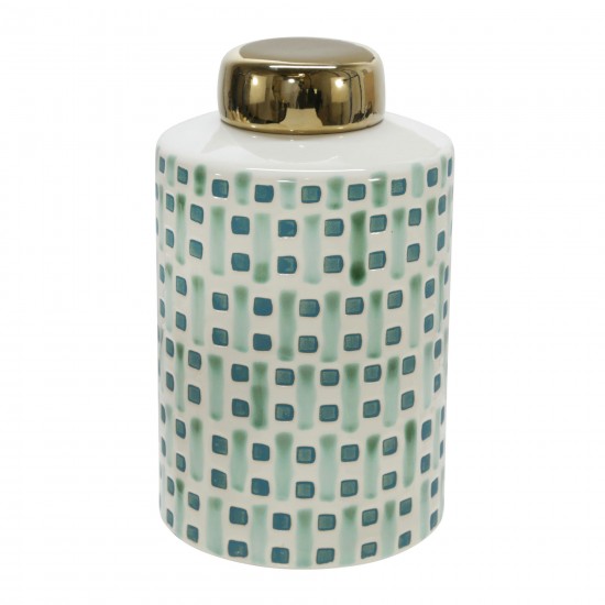 Ceramic 9" Jar With Gold Lid, Green/white