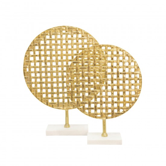 18" Metal Round Mesh Deco On Marble Base, Gold