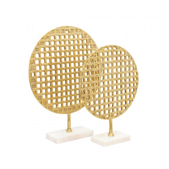 18" Metal Round Mesh Deco On Marble Base, Gold