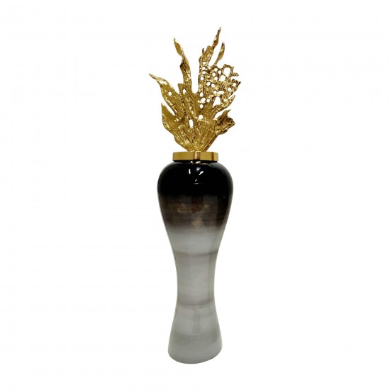 43"h Metal Vase W/ Leaf Like Lid, Multi