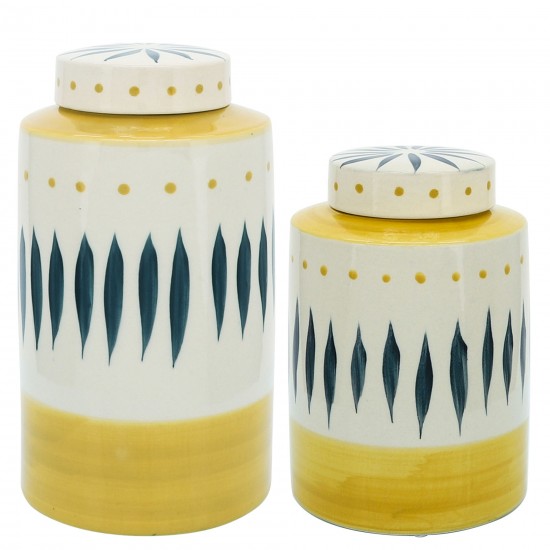 Cer, 10"h Tribal Jar W/ Lid, Yellow