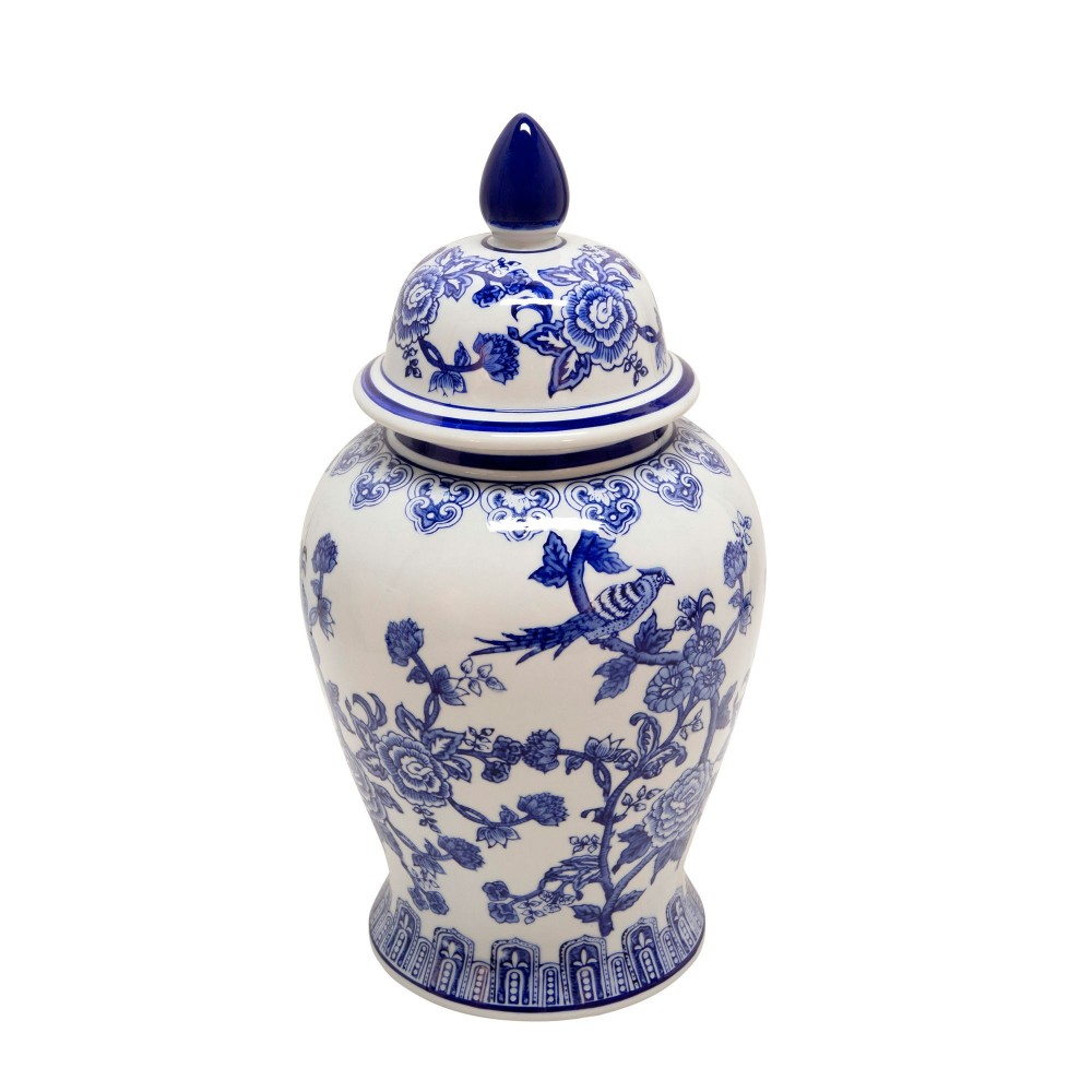 18" Temple Jar Bird/flower, Blue