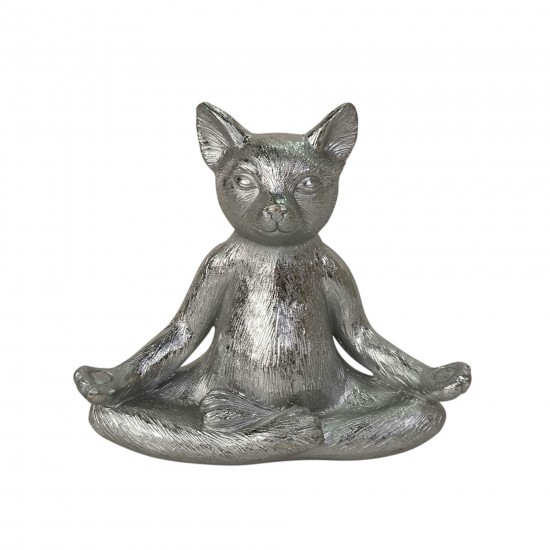 Polyresin, 7" Yoga Cat, Silver