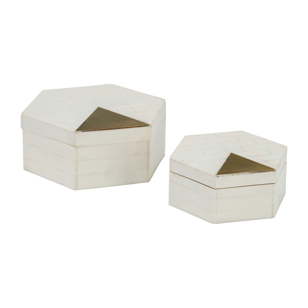 Resin, S/2 5/7" Hxgon Boxes W/brass Inlay, Wht/gld Resin, S/2 5/7" Hxgon Boxes W/brass Inlay, Wht/gld