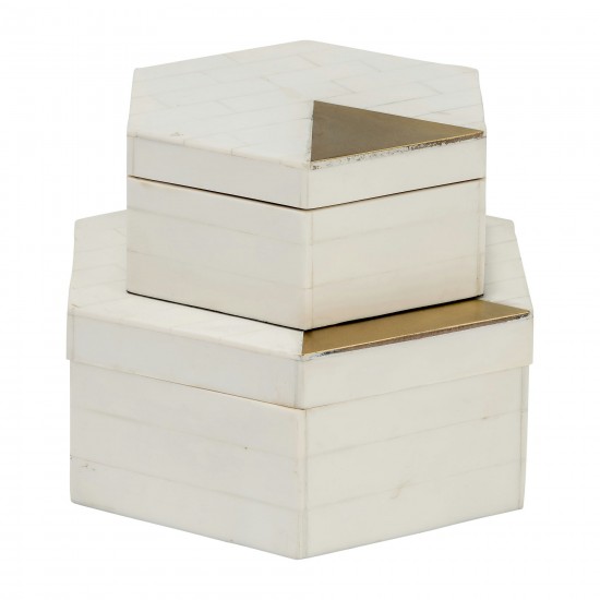 Resin, S/2 5/7" Hxgon Boxes W/brass Inlay, Wht/gld