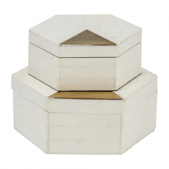Resin, S/2 5/7" Hxgon Boxes W/brass Inlay, Wht/gld