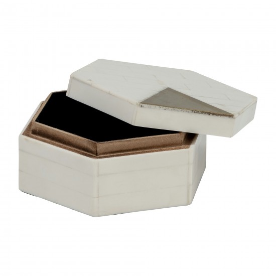 Resin, S/2 5/7" Hxgon Boxes W/brass Inlay, Wht/gld