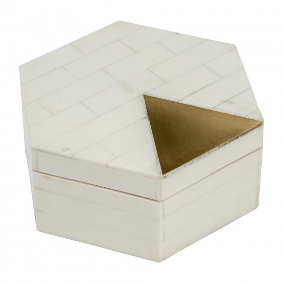 Resin, S/2 5/7" Hxgon Boxes W/brass Inlay, Wht/gld