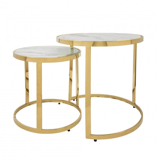 S/2 Metal/marble Glass Round Side Table, Gold