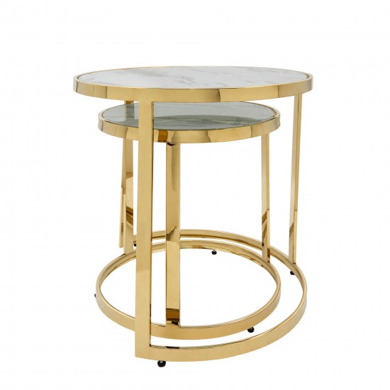 S/2 Metal/marble Glass Round Side Table, Gold