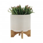 Ceramic 8" Planter On Stand, White/tan Dot