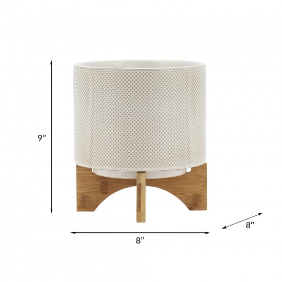 Ceramic 8" Planter On Stand, White/tan Dot