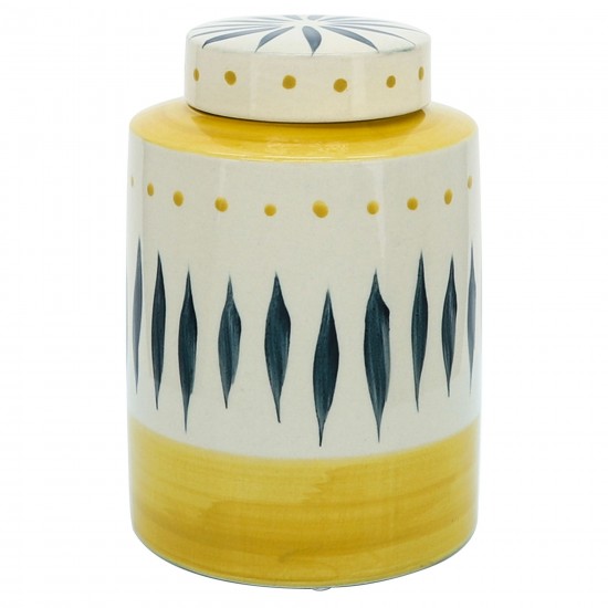 Cer, 9"h Tribal Jar W/ Lid, Yellow