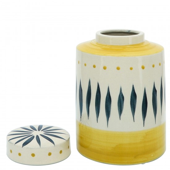 Cer, 9"h Tribal Jar W/ Lid, Yellow