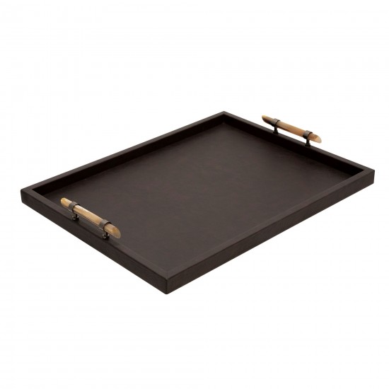 Wood S/2 14/18" Faux Leather Tray, Brown