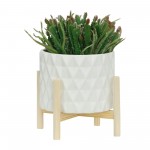 8" Ceramic Diamond Planter W/ Wood Stand, White