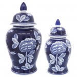Cer, 14"h Floraltemple Jar, Wht/blu
