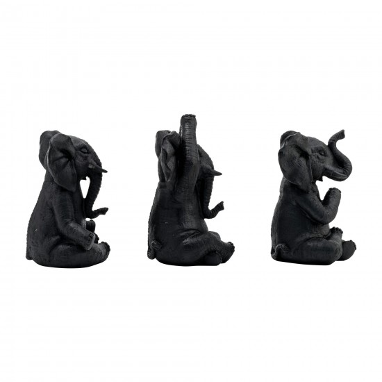 Resin, S/3, 8"h, Yoga Elephants, Blk