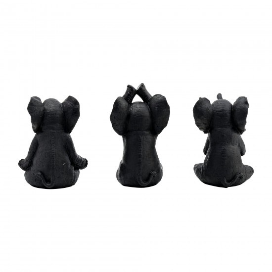 Resin, S/3, 8"h, Yoga Elephants, Blk