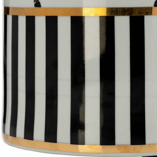 Cer, 12"h Zebra Jar W/ Lid, White/gold